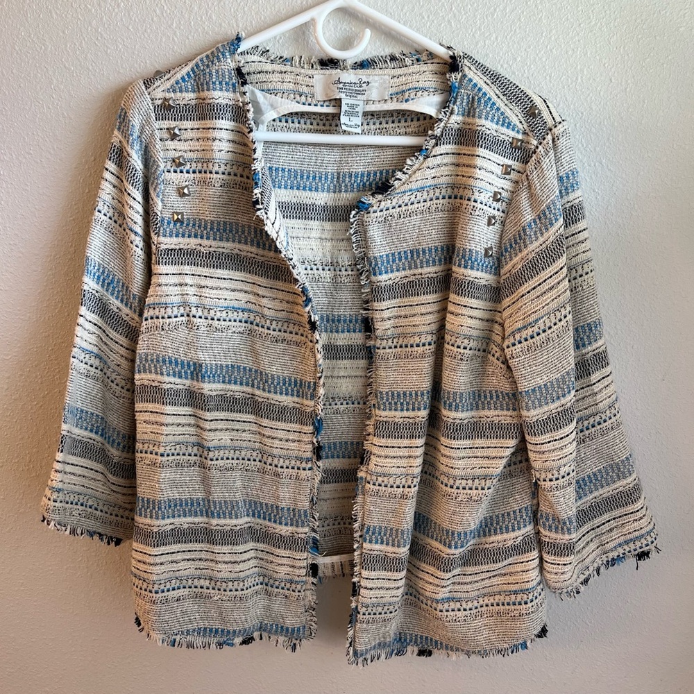 American Rag Blue and Cream Knit Cardigan size large metal embellishment